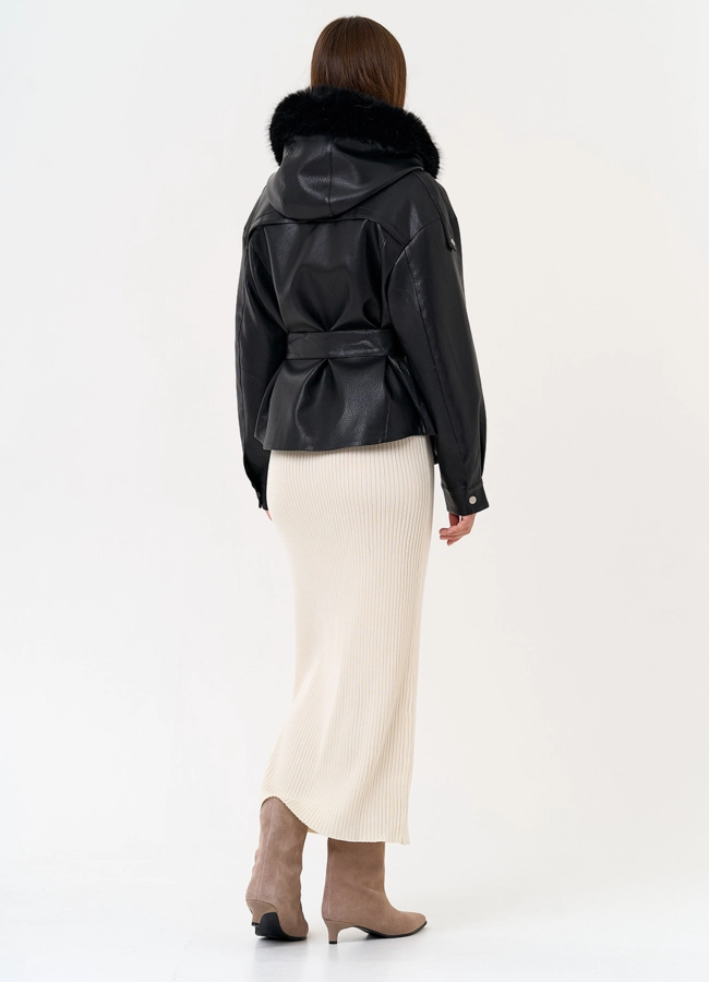 Женская утепленная куртка из эко кожи с поясом модель № 31494 в кредит