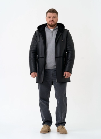 Мужская натуральная дубленка с капюшоном