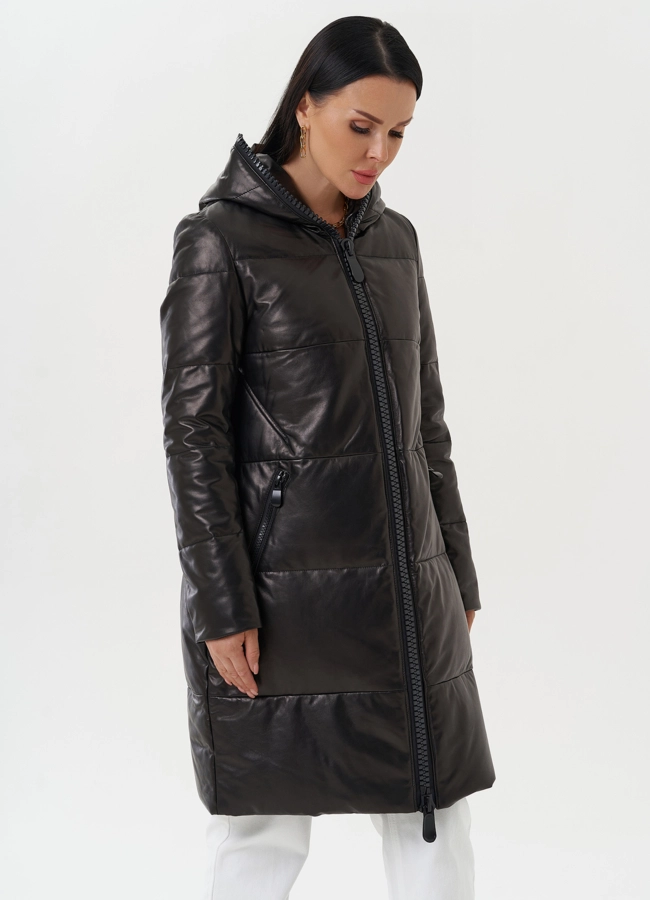 Кожаный пуховик с капюшоном модель № 15013 в рассрочку