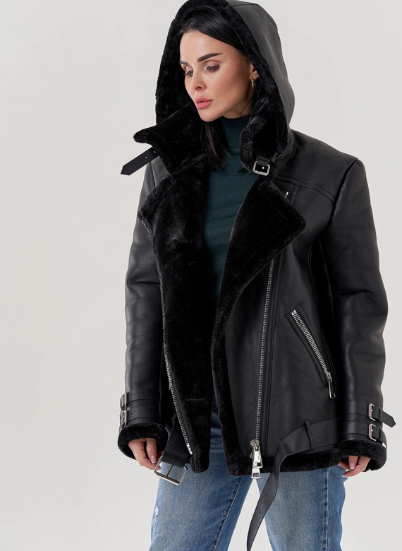 Женская дубленка пилот из эко кожи черного цвета 