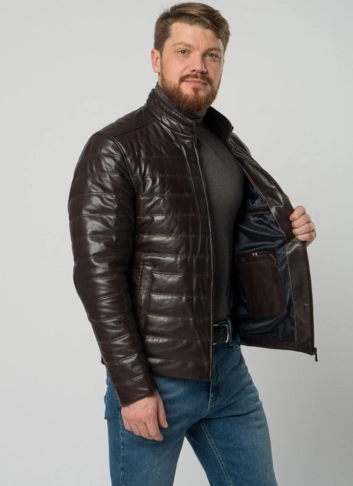 Мужская  утепленная куртка из натуральной кожи коричневого цвета
