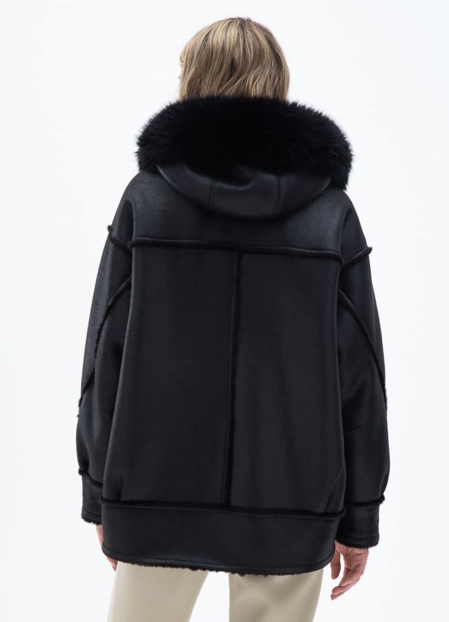 фото Женская дубленка из эко кожи с капюшоном модель № 32020