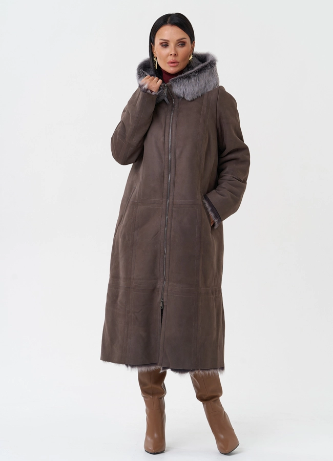 фото Дубленка с отделкой из тосканы с капюшоном модель № 28954